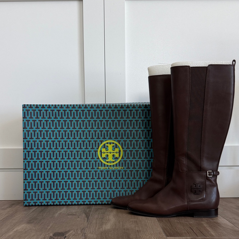 Tory Burch Leather Wyatt 2 Calf High Riding Boots in Burnt Chocolate